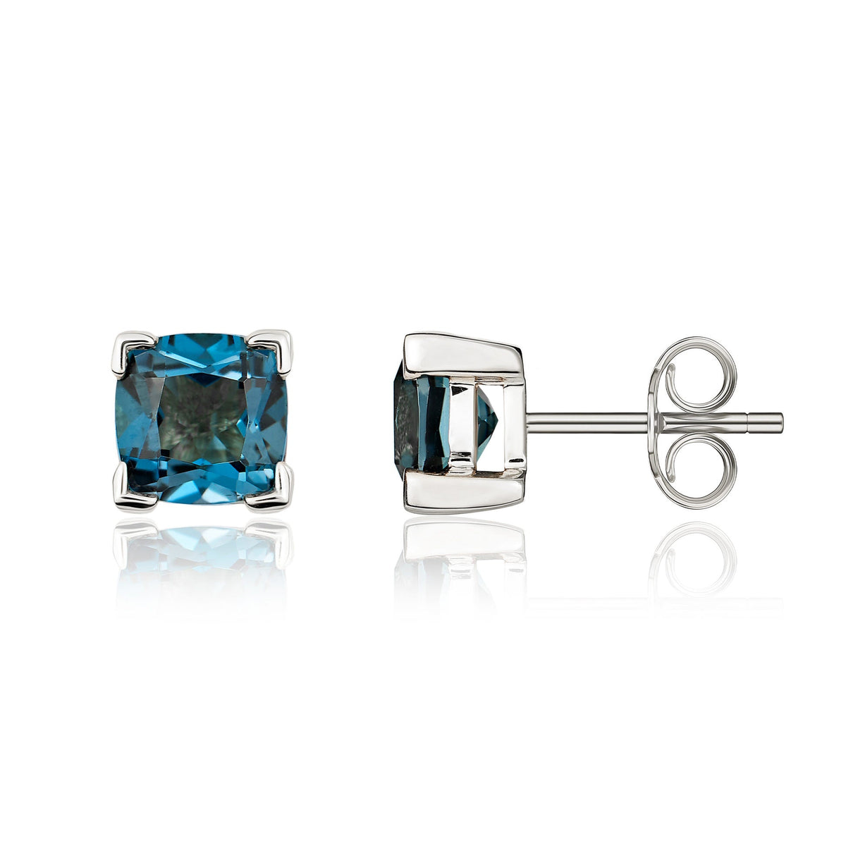 9ct White Gold Cushion Natural London Blue Topaz Claw Stud Earrings — 6mm