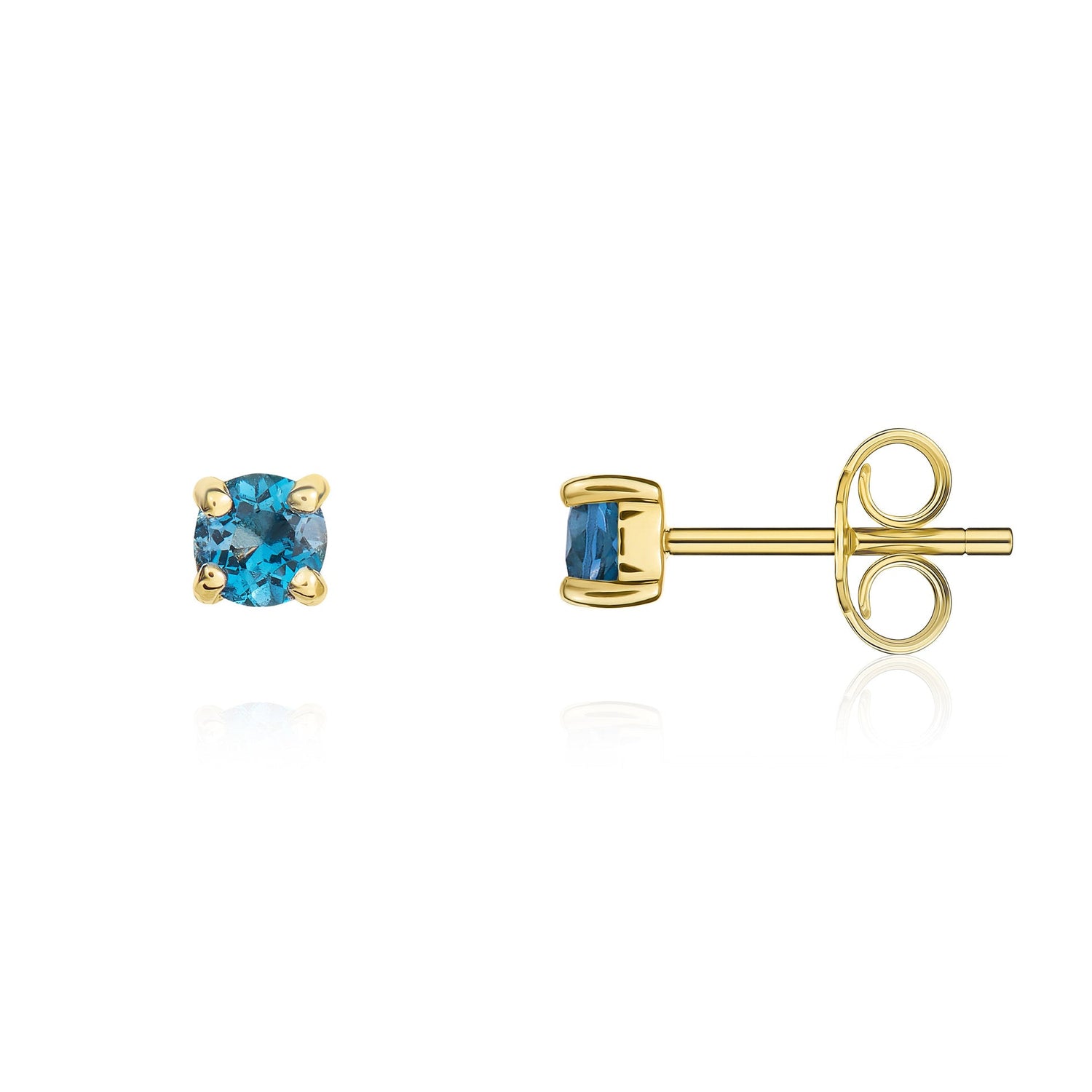 9ct Yellow Gold Round Natural London Blue Topaz Claw Set Stud Earrings — 3mm