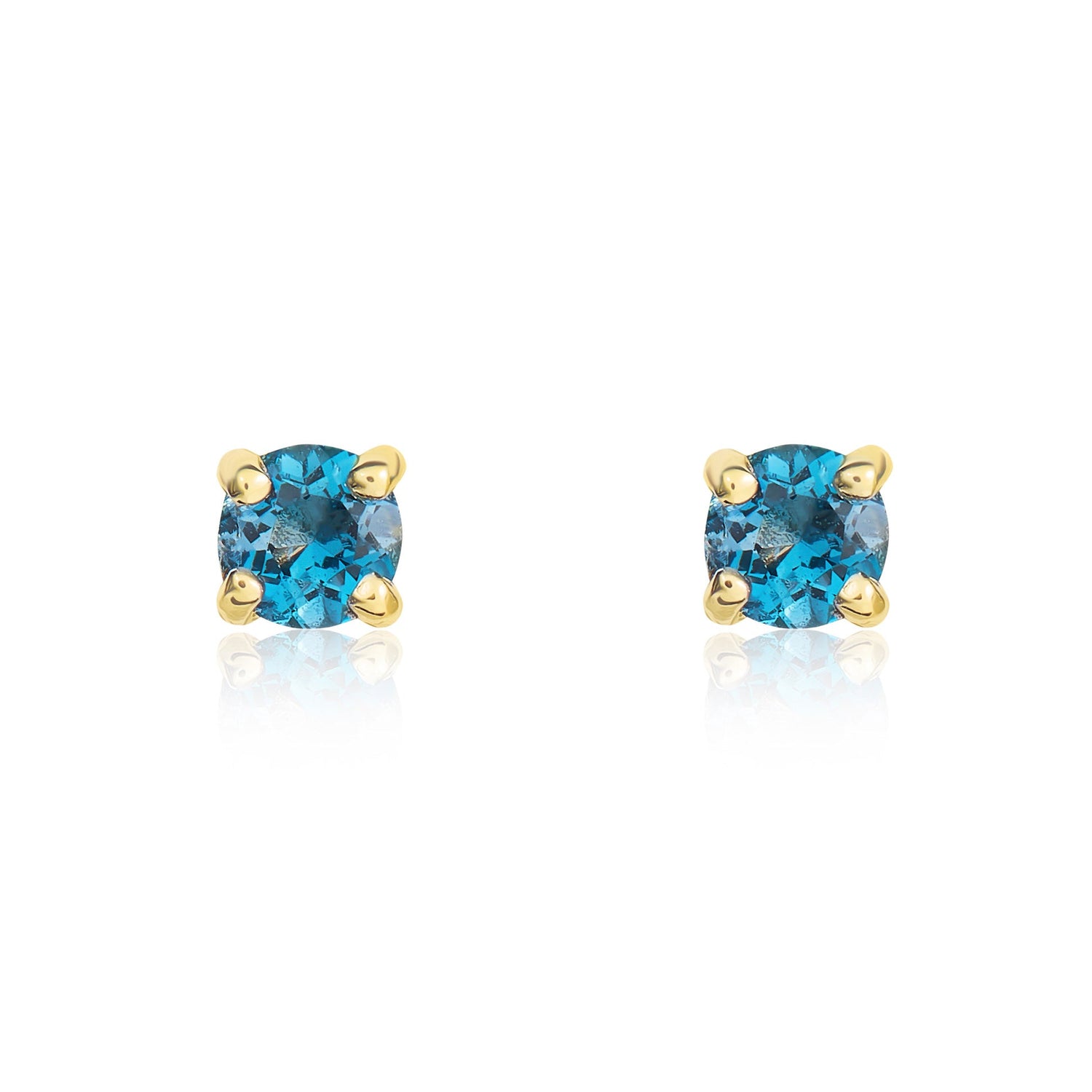 9ct Yellow Gold Round Natural London Blue Topaz Claw Set Stud Earrings — 3mm
