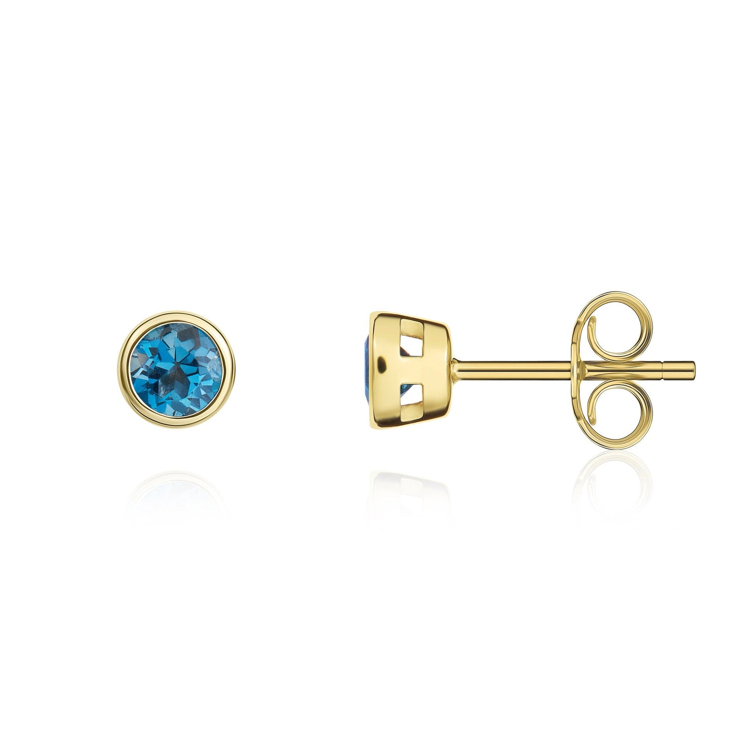 9ct Yellow Gold Round Natural London Blue Topaz Rubover Stud Earrings — 3mm