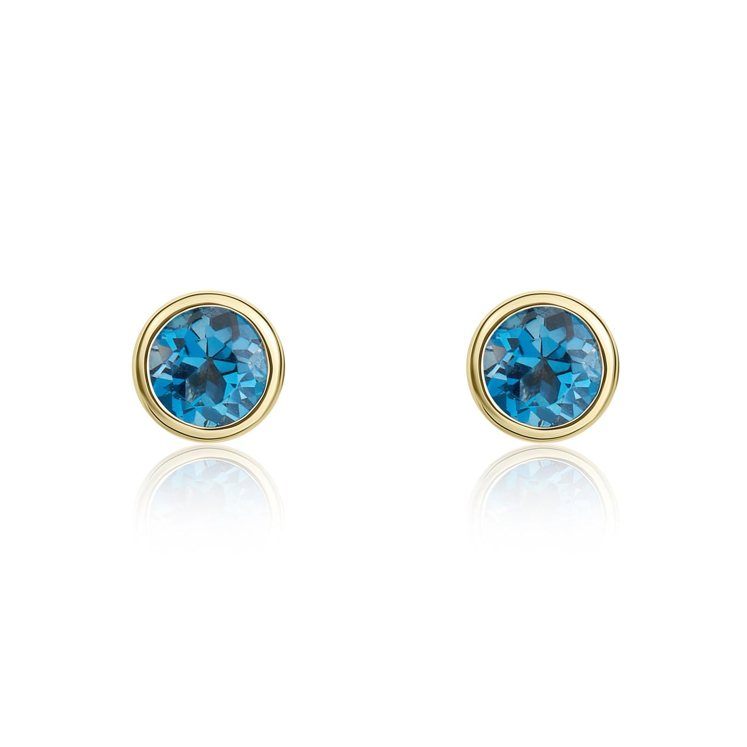 9ct Yellow Gold Round Natural London Blue Topaz Rubover Stud Earrings — 3mm