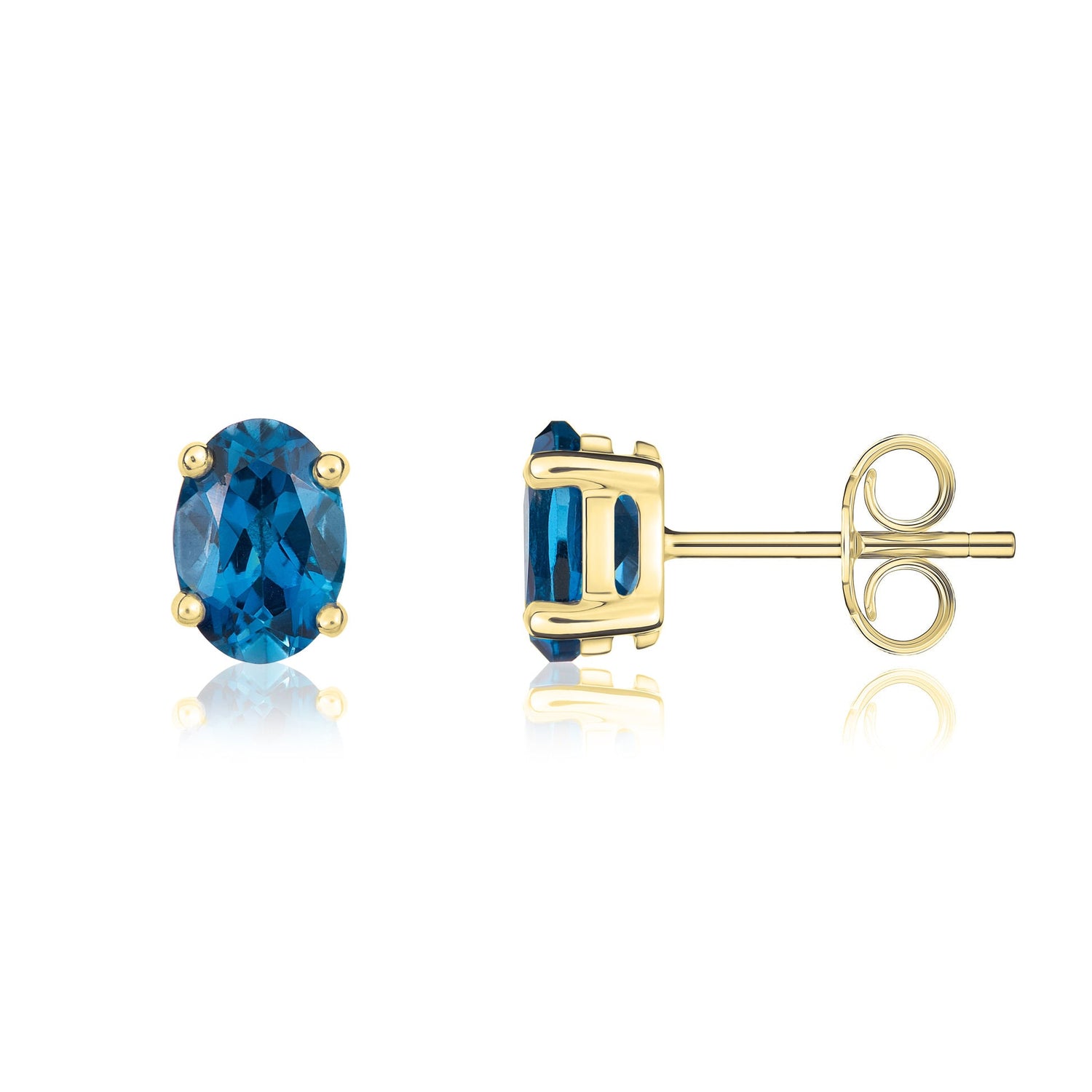 9ct Yellow Gold Oval Natural London Blue Topaz Claw Stud Earrings — 7x5mm
