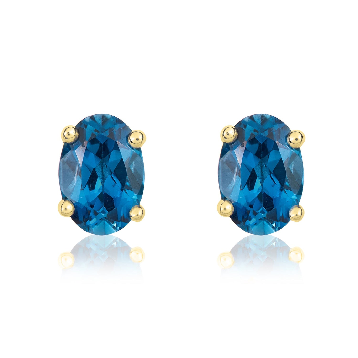 9ct Yellow Gold Oval Natural London Blue Topaz Claw Stud Earrings — 7x5mm