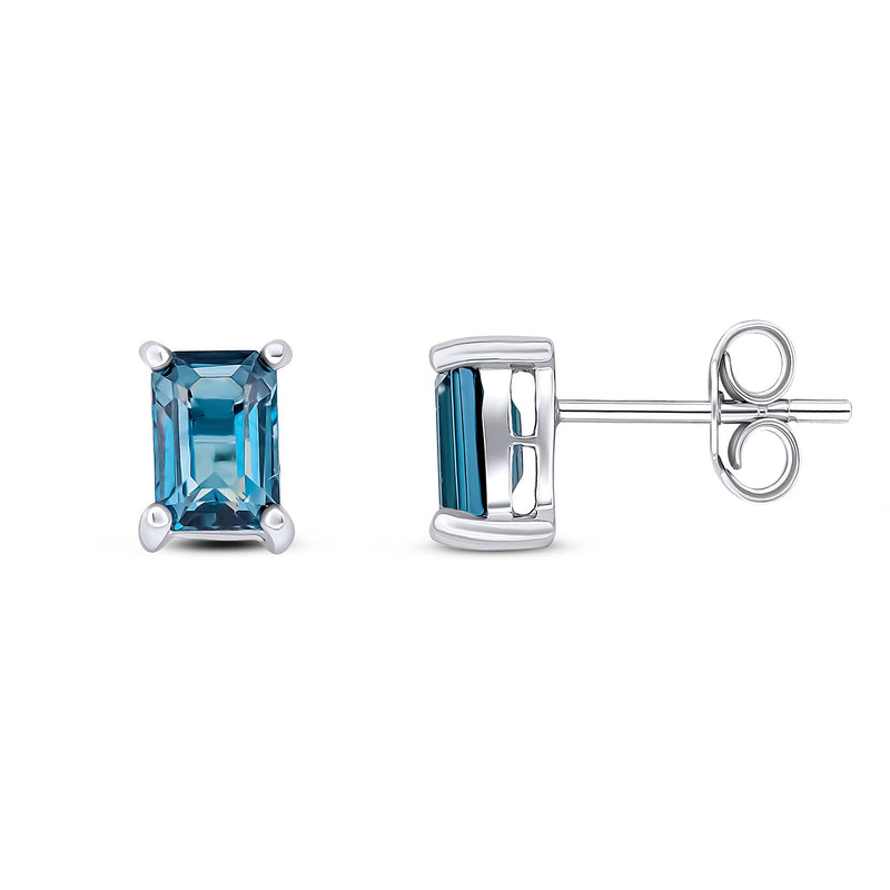 9ct White Gold Octagon Emerald Cut Natural London Blue Topaz Claw Stud Earrings — 6x4mm