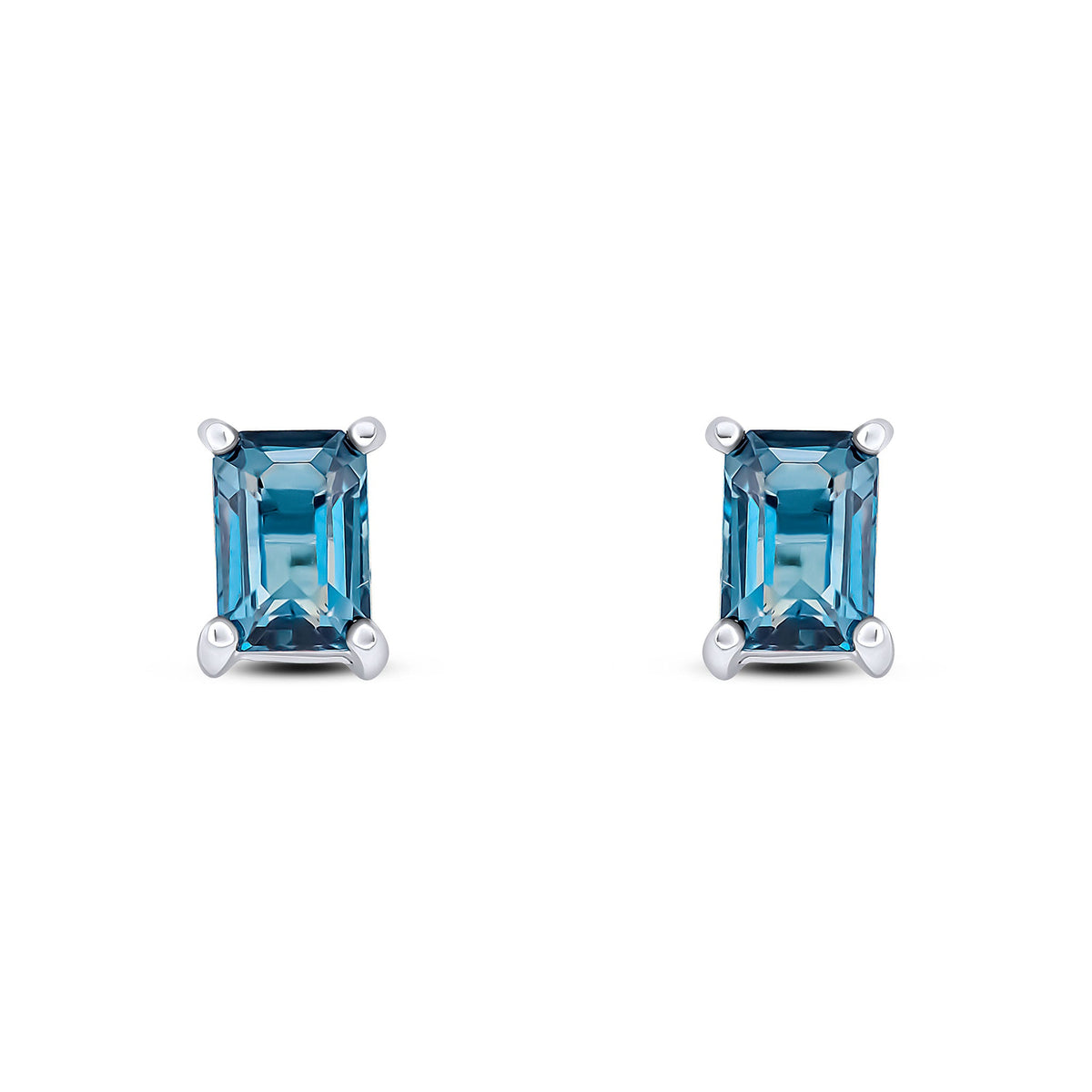 9ct White Gold Octagon Emerald Cut Natural London Blue Topaz Claw Stud Earrings — 6x4mm