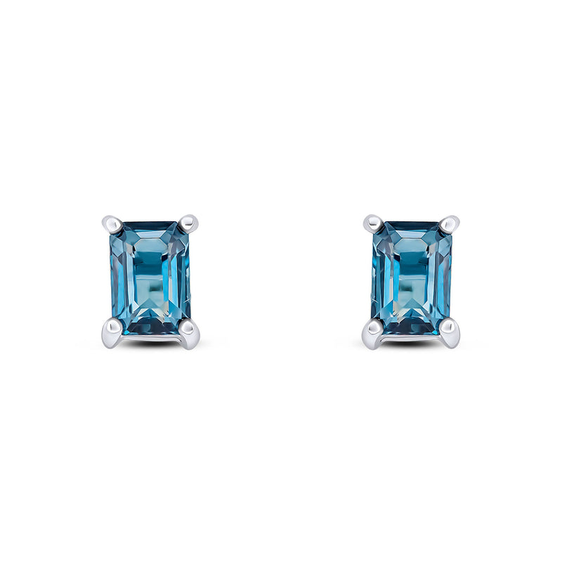9ct White Gold Octagon Emerald Cut Natural London Blue Topaz Claw Stud Earrings — 6x4mm