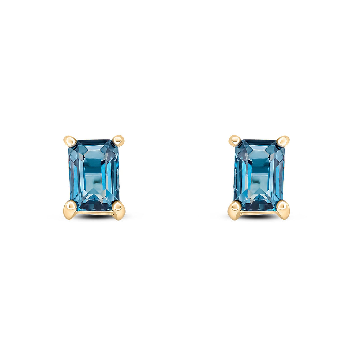 9ct Yellow Gold Octagonal Emerald Cut Natural London Blue Topaz Claw Stud Earrings — 6x4mm