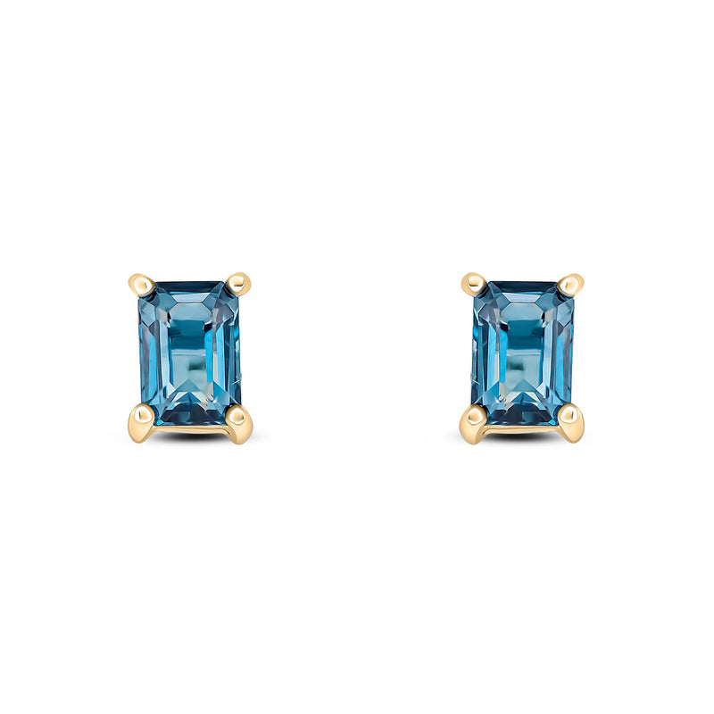 9ct Yellow Gold Octagonal Emerald Cut Natural London Blue Topaz Claw Stud Earrings — 6x4mm