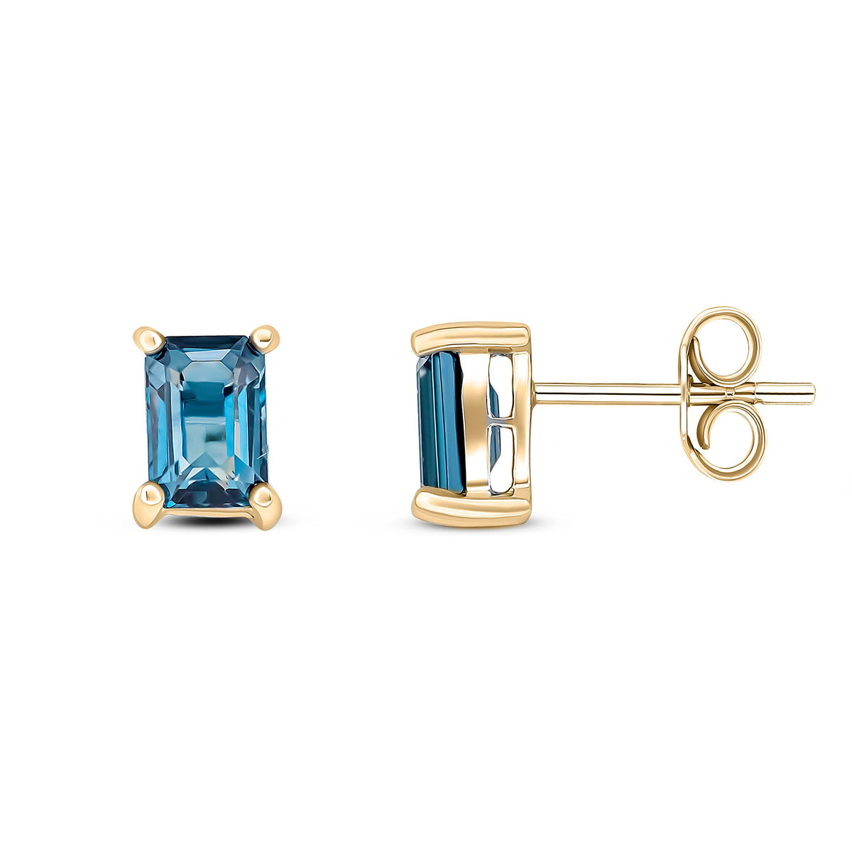 9ct Yellow Gold Octagonal Emerald Cut Natural London Blue Topaz Claw Stud Earrings — 6x4mm