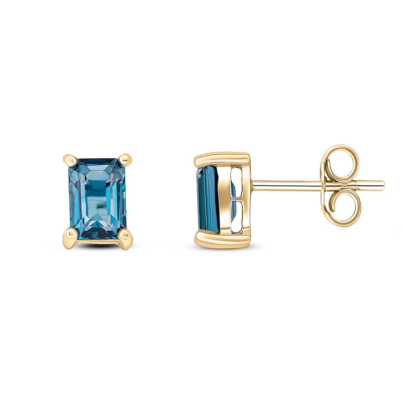 9ct Yellow Gold Octagonal Emerald Cut Natural London Blue Topaz Claw Stud Earrings — 6x4mm
