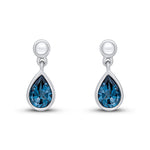 9ct White Gold Pear Shaped Natural London Blue Topaz Rubover Drop Earrings with Bead Top — 6x4mm