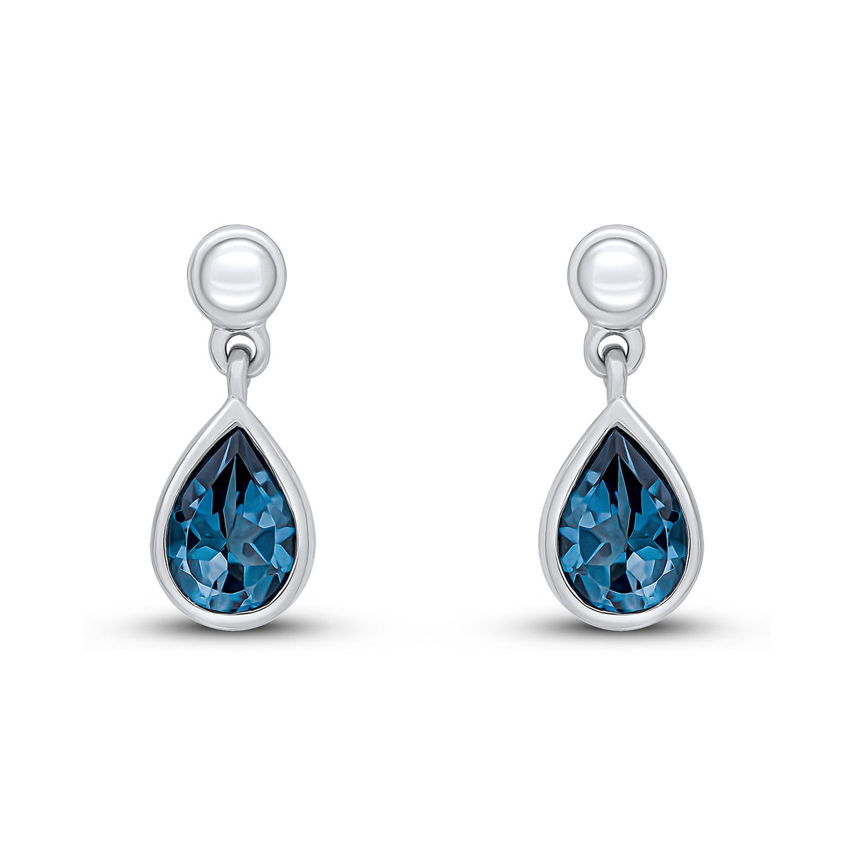 9ct White Gold Pear Shaped Natural London Blue Topaz Rubover Drop Earrings with Bead Top — 6x4mm