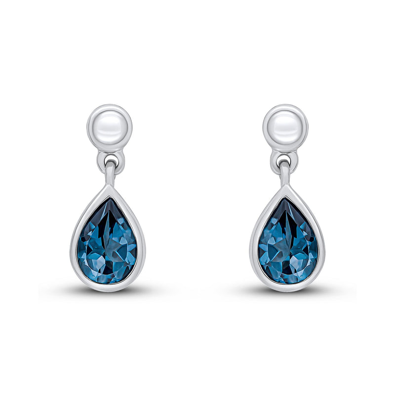 9ct White Gold Pear Shaped Natural London Blue Topaz Rubover Drop Earrings with Bead Top — 6x4mm