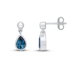 9ct White Gold Pear Shaped Natural London Blue Topaz Rubover Drop Earrings with Bead Top — 6x4mm