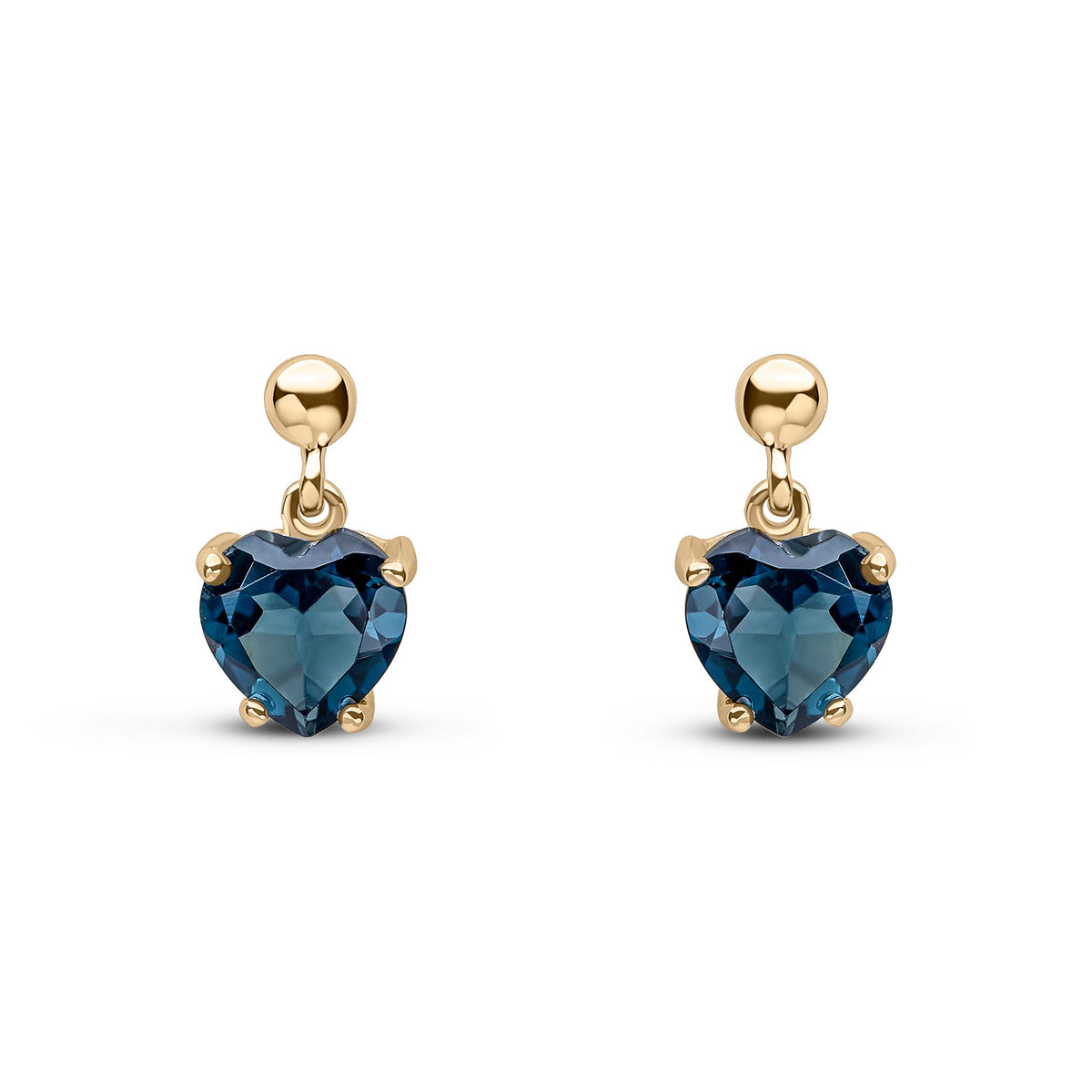 9ct Yellow Gold Heart Shaped Natural London Blue Topaz Claw Drop Earrings with Bead Top — 6mm