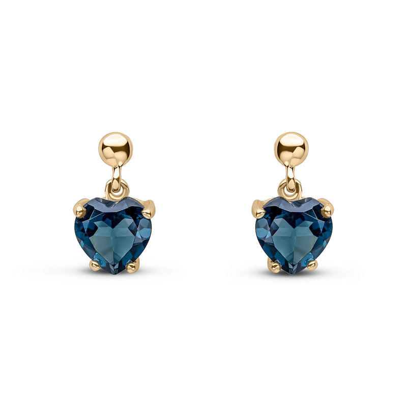 9ct Yellow Gold Heart Shaped Natural London Blue Topaz Claw Drop Earrings with Bead Top — 6mm