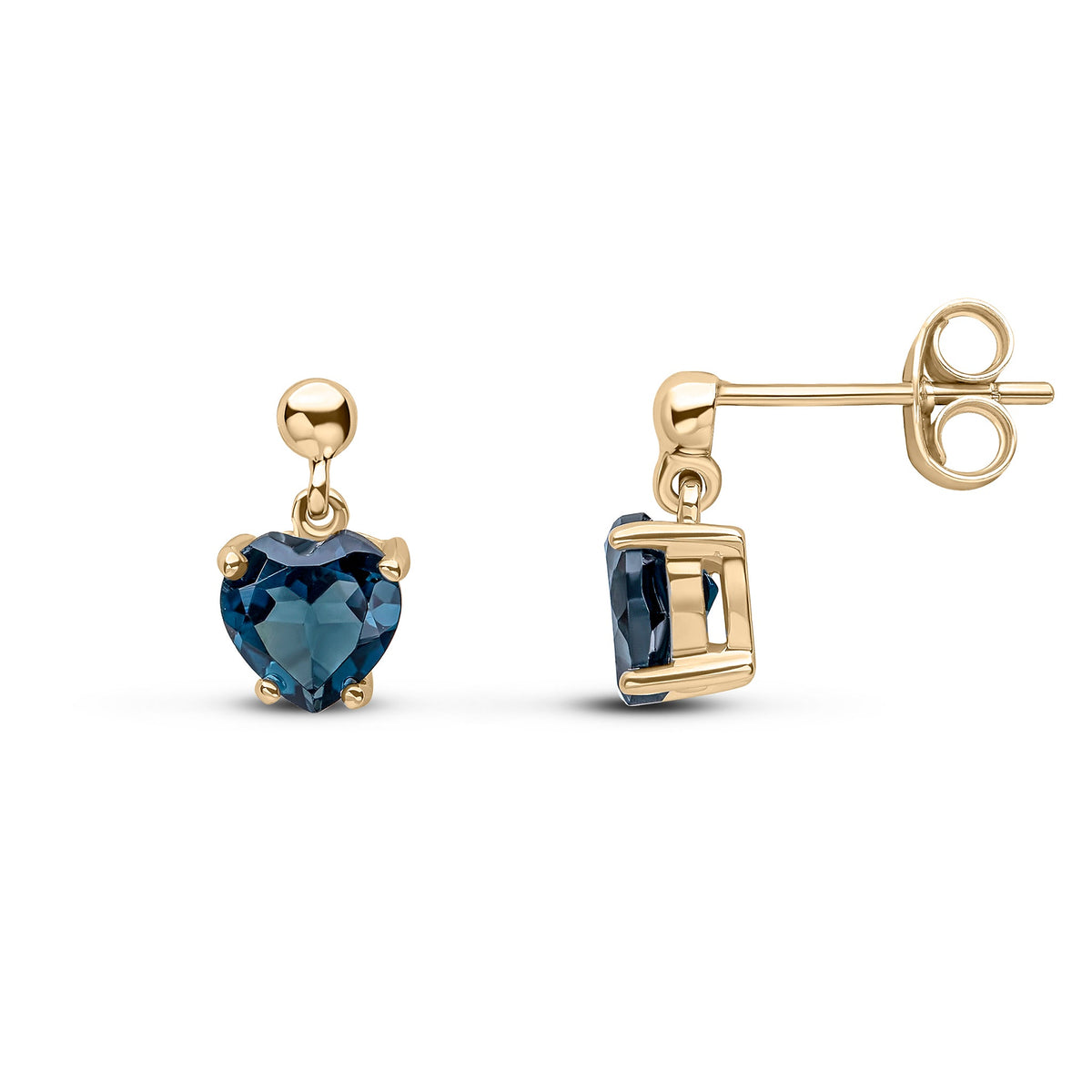 9ct Yellow Gold Heart Shaped Natural London Blue Topaz Claw Drop Earrings with Bead Top — 6mm