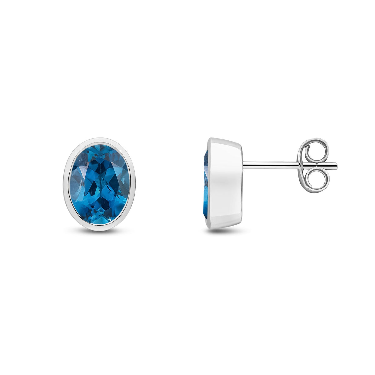 9ct White Gold Oval Natural London Blue Topaz Rubover Stud Earrings — 8x6mm