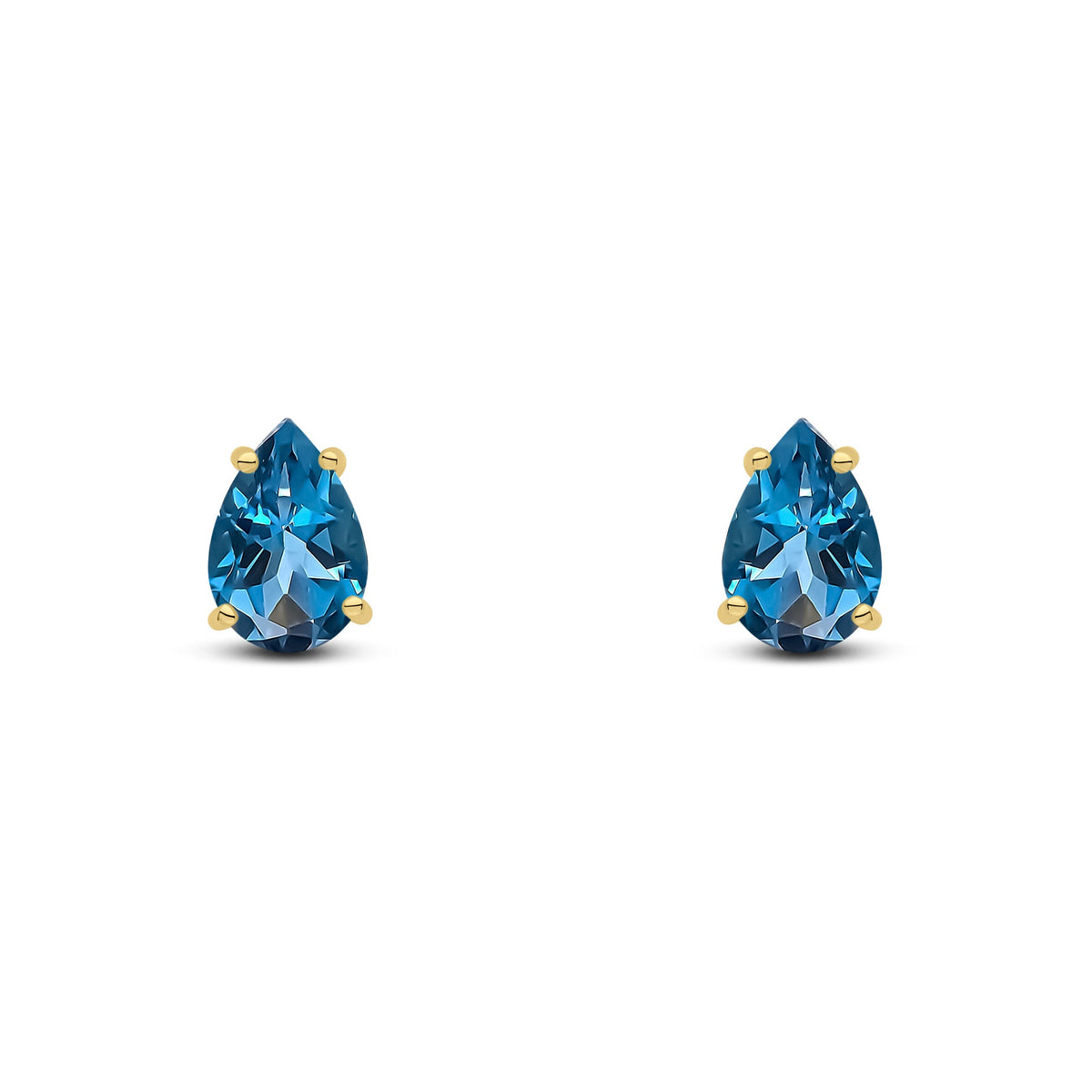 9ct Yellow Gold Pear Shaped Natural London Blue Topaz Claw Stud Earrings — 9x6mm