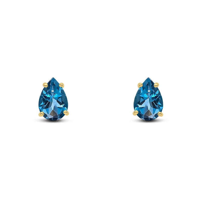 9ct Yellow Gold Pear Shaped Natural London Blue Topaz Claw Stud Earrings — 9x6mm