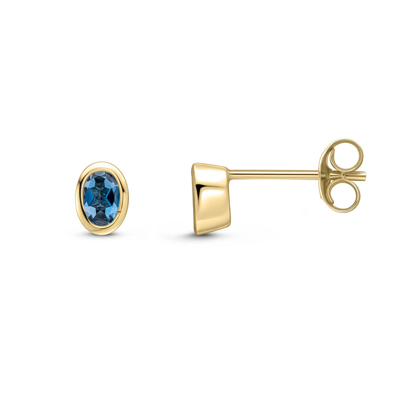 9ct Yellow Gold Oval Natural London Blue Topaz Rubover Stud Earrings — 4x3mm