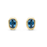 9ct Yellow Gold Oval Natural London Blue Topaz Rubover Stud Earrings — 4x3mm