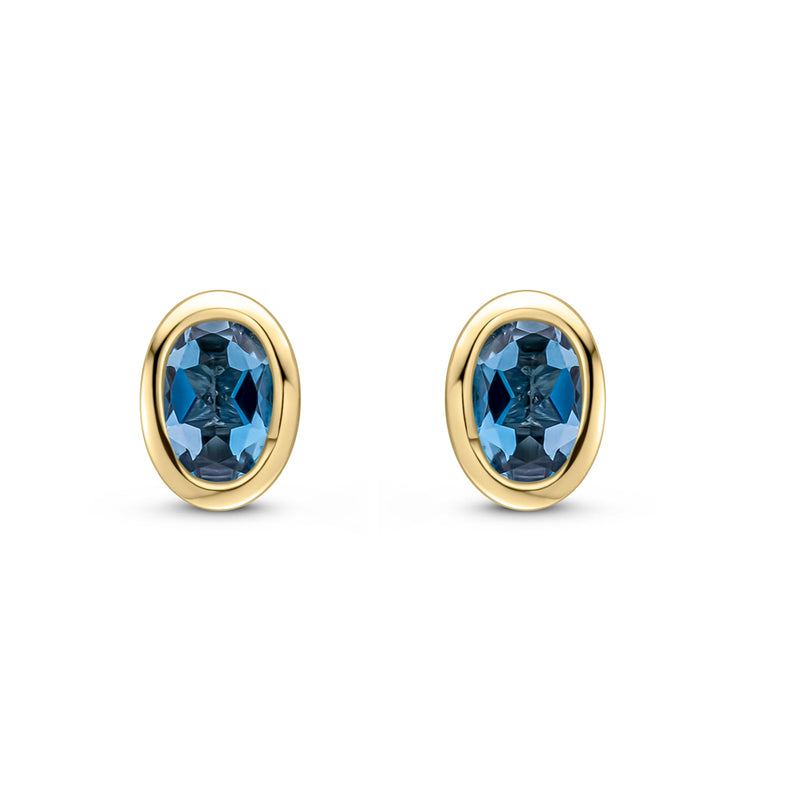 9ct Yellow Gold Oval Natural London Blue Topaz Rubover Stud Earrings — 4x3mm