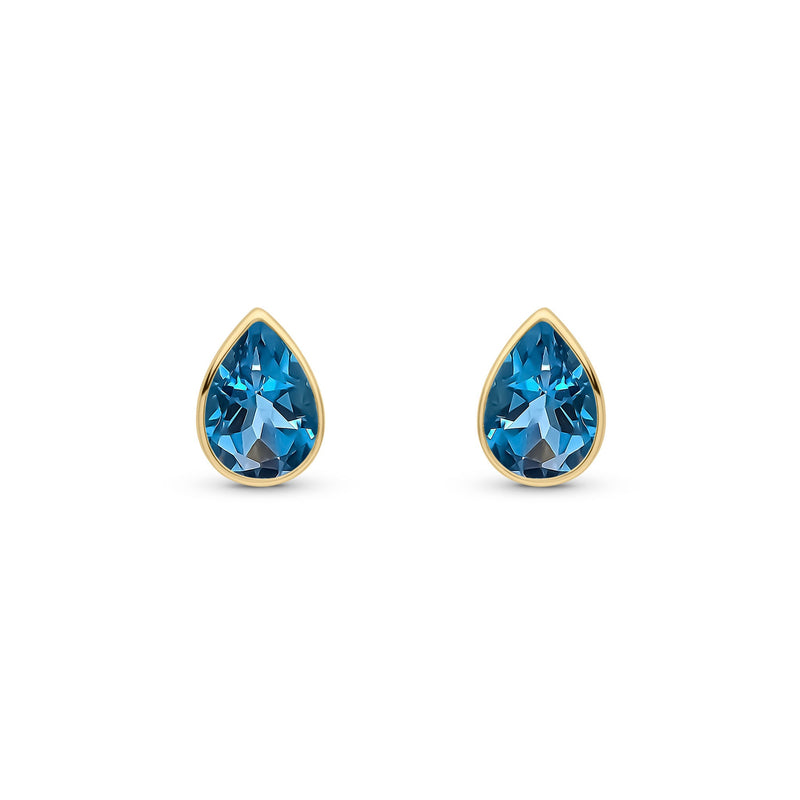 9ct Yellow Gold Pear Shaped Natural London Blue Topaz Rubover Stud Earrings — 7x5mm
