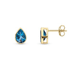 9ct Yellow Gold Pear Shaped Natural London Blue Topaz Rubover Stud Earrings — 7x5mm