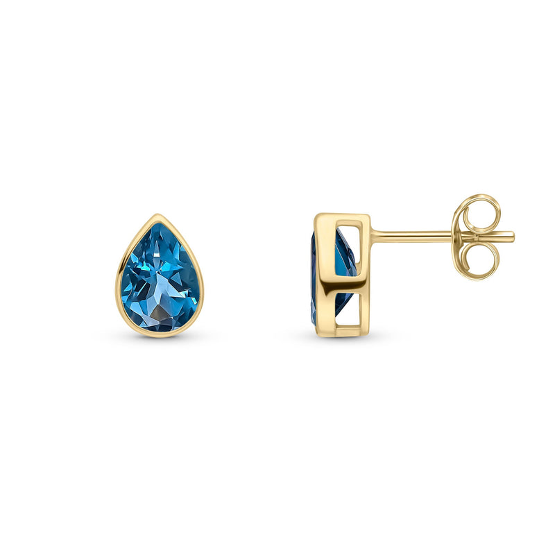 9ct Yellow Gold Pear Shaped Natural London Blue Topaz Rubover Stud Earrings — 7x5mm