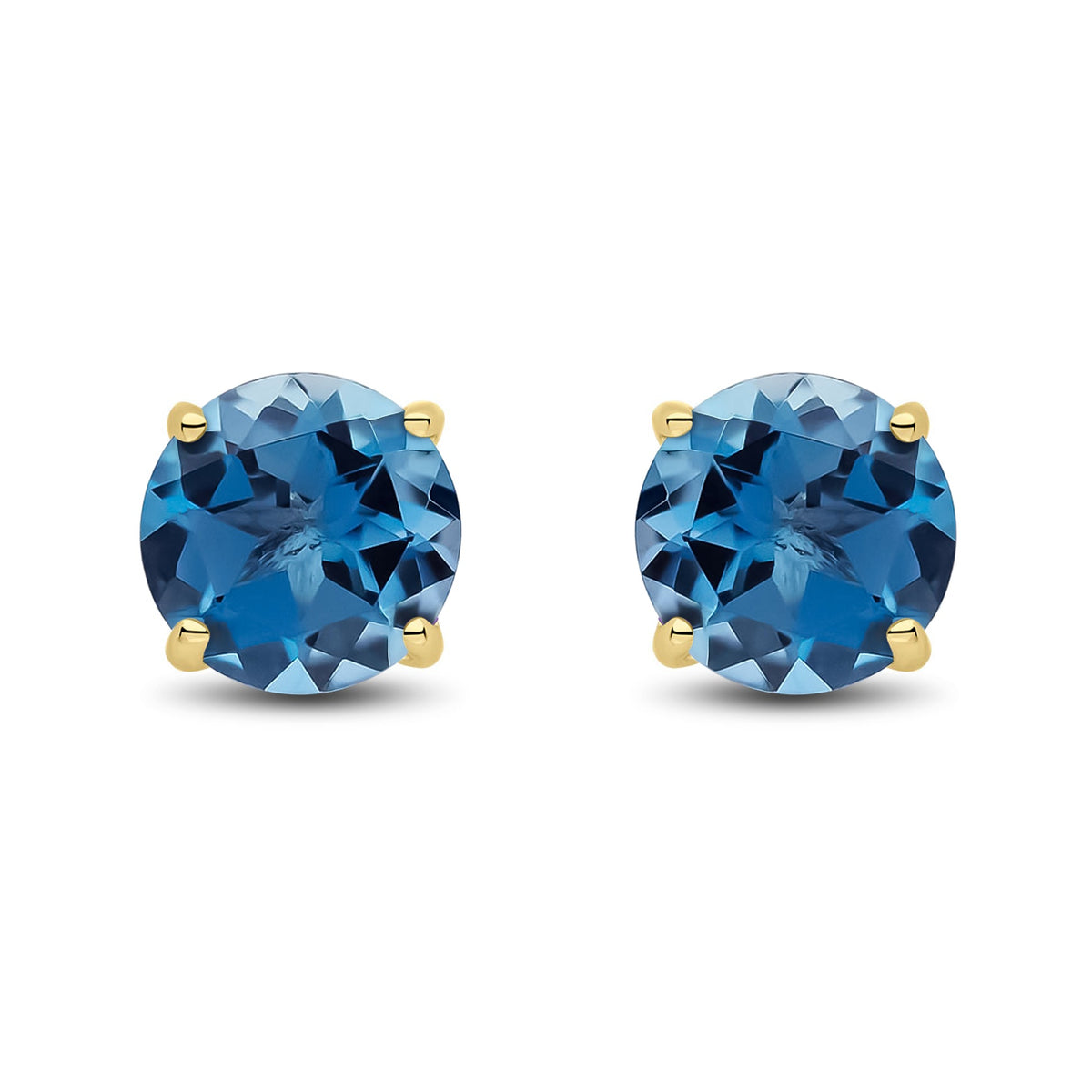 9ct Yellow Gold Round Natural London Blue Topaz Claw Stud Earrings — 7mm