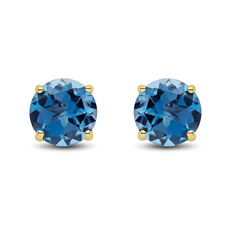 9ct Yellow Gold Round Natural London Blue Topaz Claw Stud Earrings — 7mm