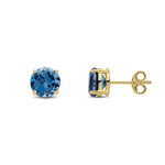 9ct Yellow Gold Round Natural London Blue Topaz Claw Stud Earrings — 7mm