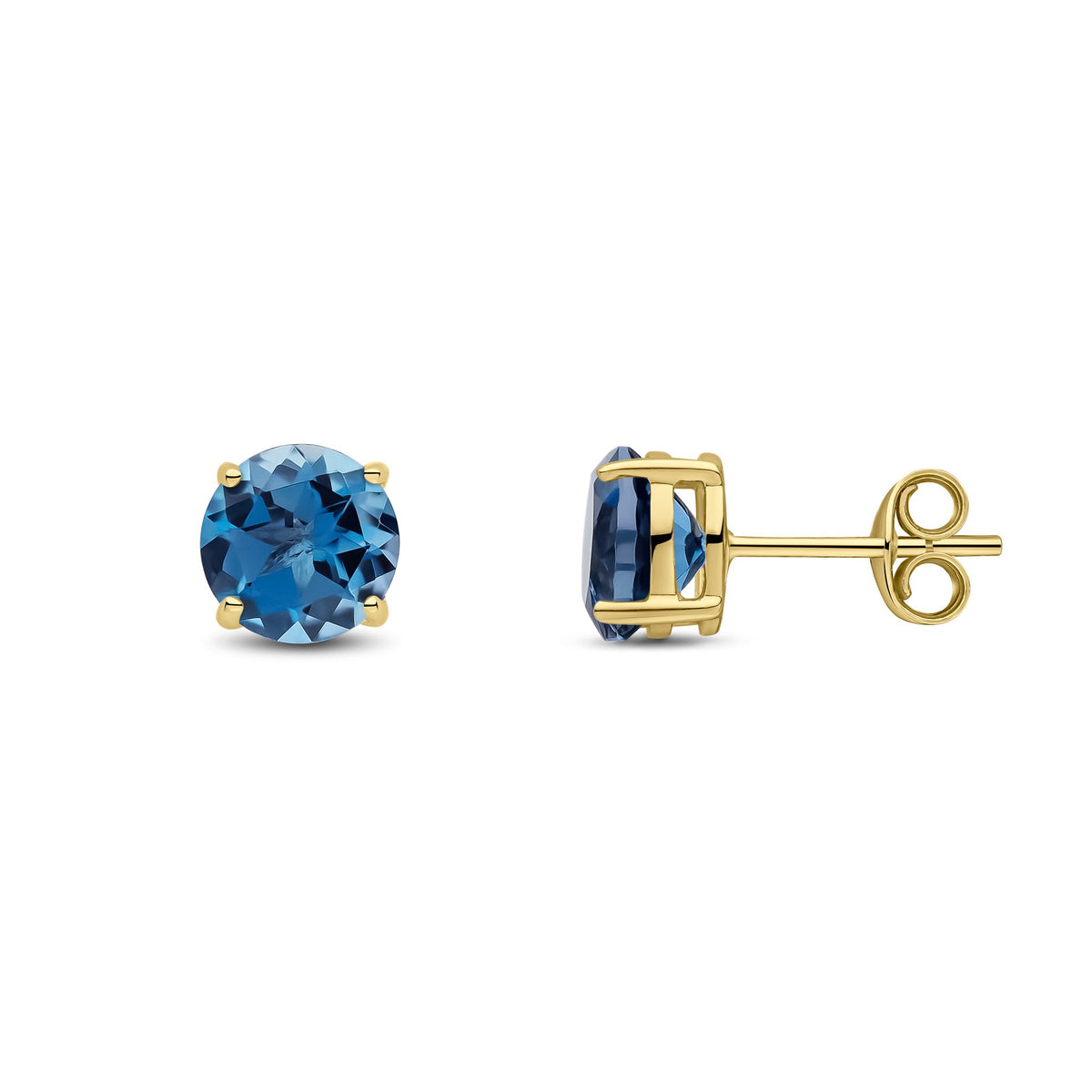 9ct Yellow Gold Round Natural London Blue Topaz Claw Stud Earrings — 7mm