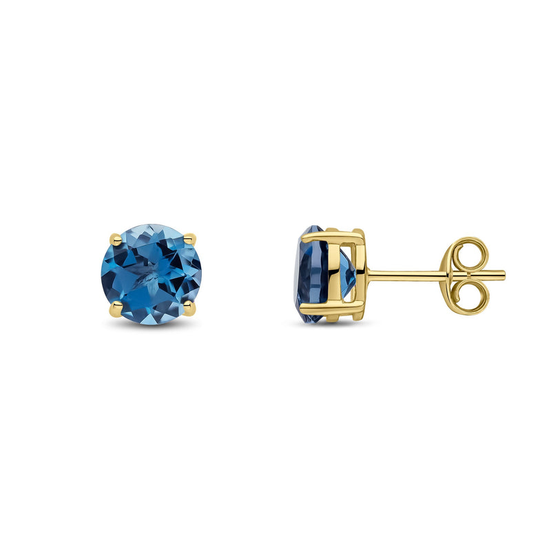 9ct Yellow Gold Round Natural London Blue Topaz Claw Stud Earrings — 7mm