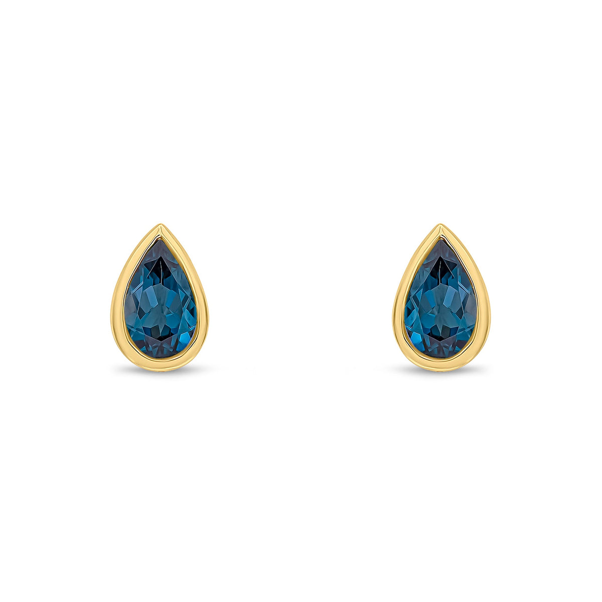 9ct Yellow Gold Pear Shaped Natural London Blue Topaz Rubover Stud Earrings — 5x3mm