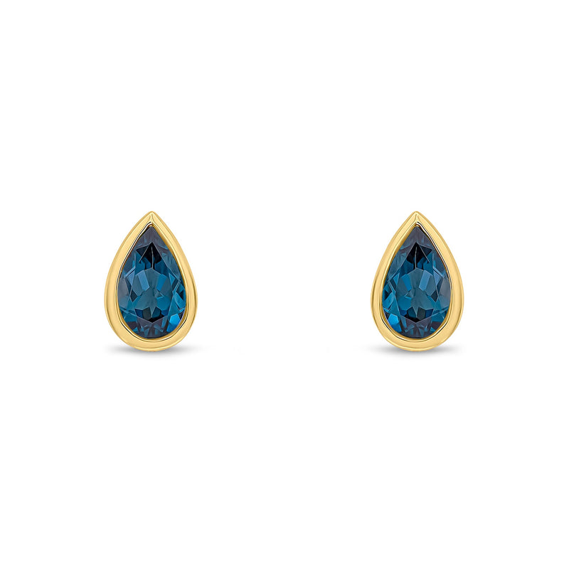 9ct Yellow Gold Pear Shaped Natural London Blue Topaz Rubover Stud Earrings — 5x3mm
