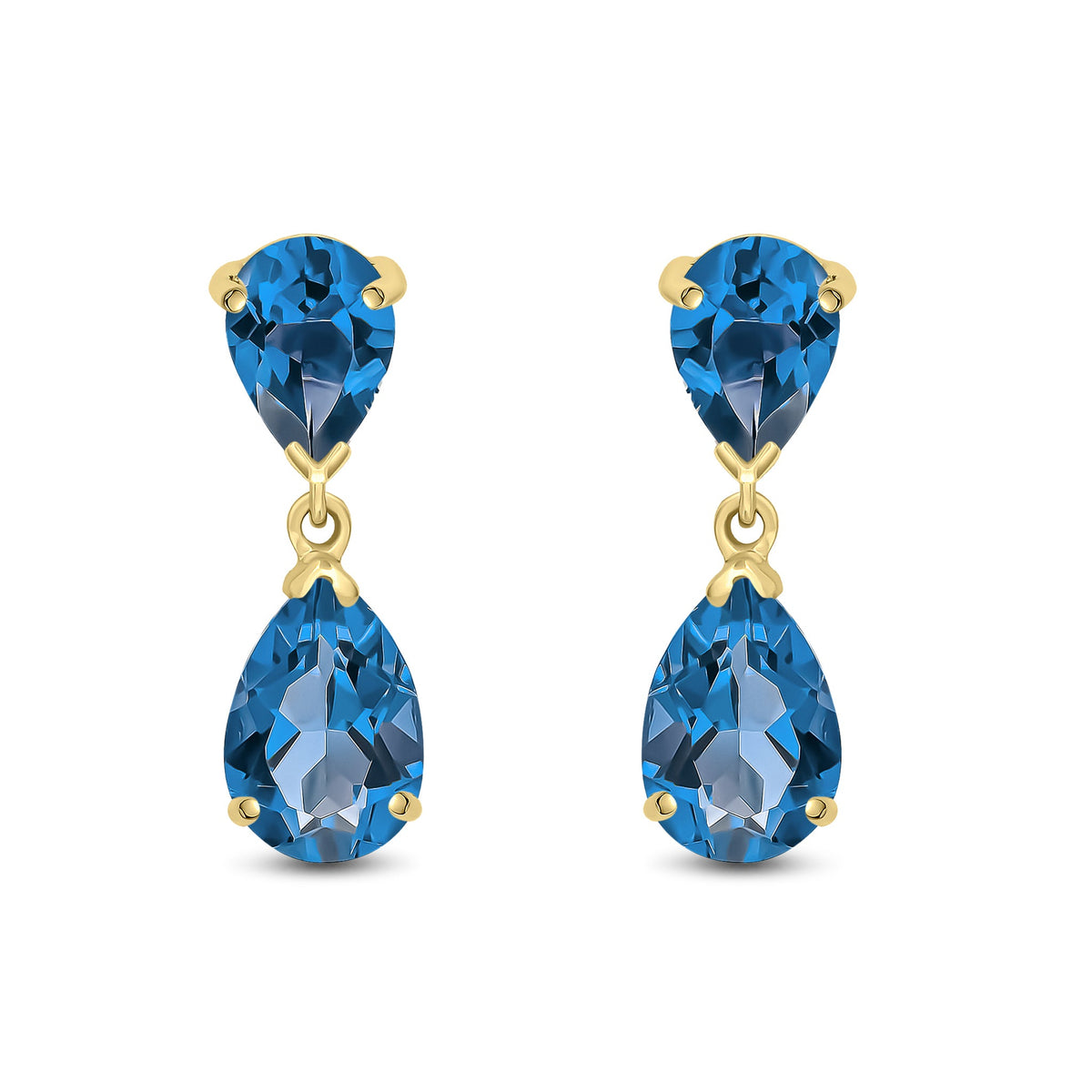 9ct Yellow Gold Pear Shaped Natural London Blue Topaz Two Stone Claw Drop Earrings — 9x6mm