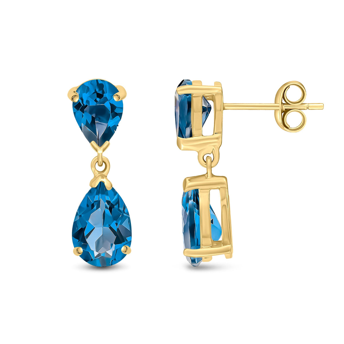 9ct Yellow Gold Pear Shaped Natural London Blue Topaz Two Stone Claw Drop Earrings — 9x6mm