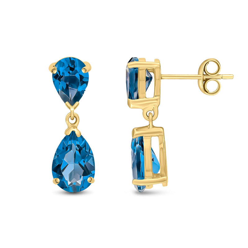 9ct Yellow Gold Pear Shaped Natural London Blue Topaz Two Stone Claw Drop Earrings — 9x6mm