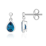 9ct White Gold Pear Shaped Natural London Blue Topaz Rubover Drop Earrings with 2.5mm Bead Top — 6x4mm