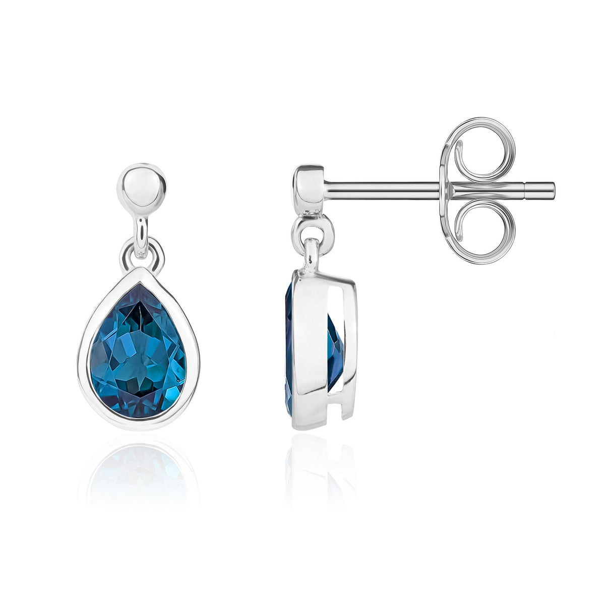 9ct White Gold Pear Shaped Natural London Blue Topaz Rubover Drop Earrings with 2.5mm Bead Top — 6x4mm