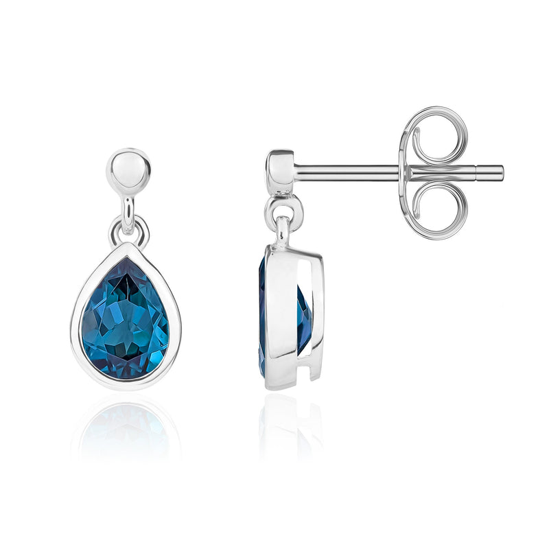9ct White Gold Pear Shaped Natural London Blue Topaz Rubover Drop Earrings with 2.5mm Bead Top — 6x4mm
