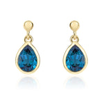 9ct Yellow Gold Pear Shaped Natural London Blue Topaz Rubover Drop Earrings with 2.5mm Bead Top — 6x4mm