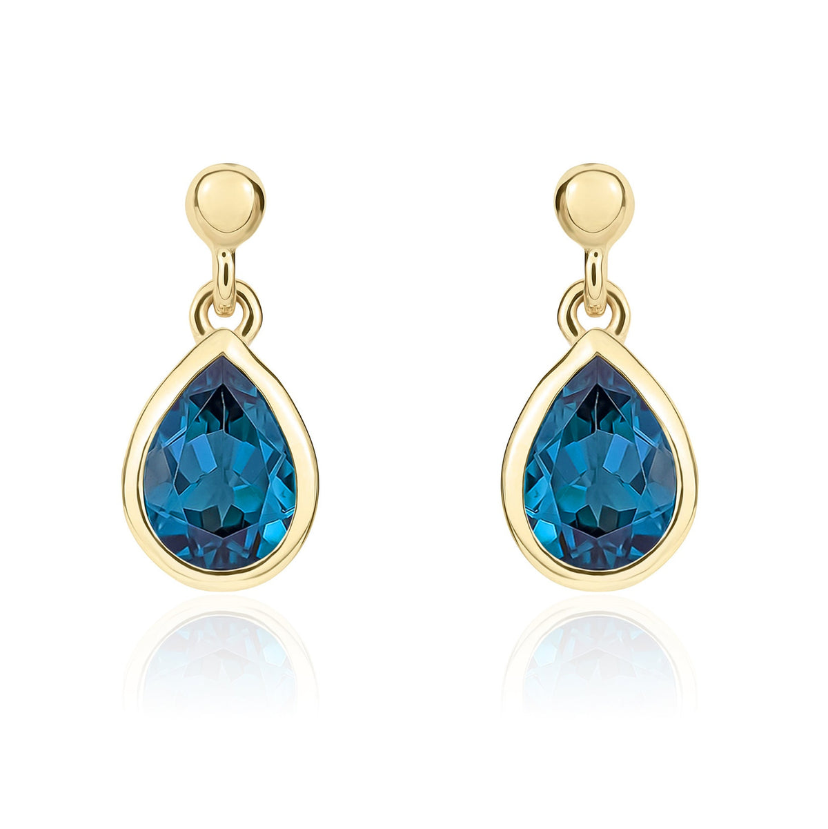 9ct Yellow Gold Pear Shaped Natural London Blue Topaz Rubover Drop Earrings with 2.5mm Bead Top — 6x4mm