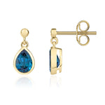 9ct Yellow Gold Pear Shaped Natural London Blue Topaz Rubover Drop Earrings with 2.5mm Bead Top — 6x4mm