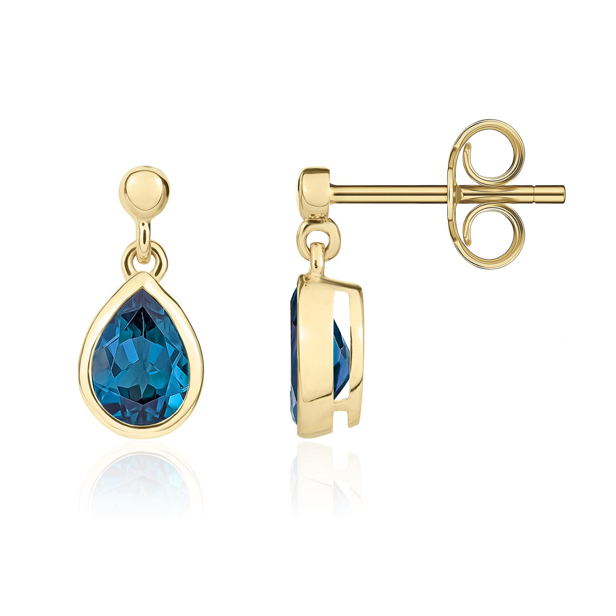 9ct Yellow Gold Pear Shaped Natural London Blue Topaz Rubover Drop Earrings with 2.5mm Bead Top — 6x4mm