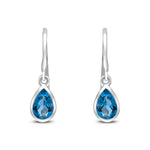 9ct White Gold Pear Shaped Natural London Blue Topaz Rubover Wire Hook Drop Earrings — 6x4mm