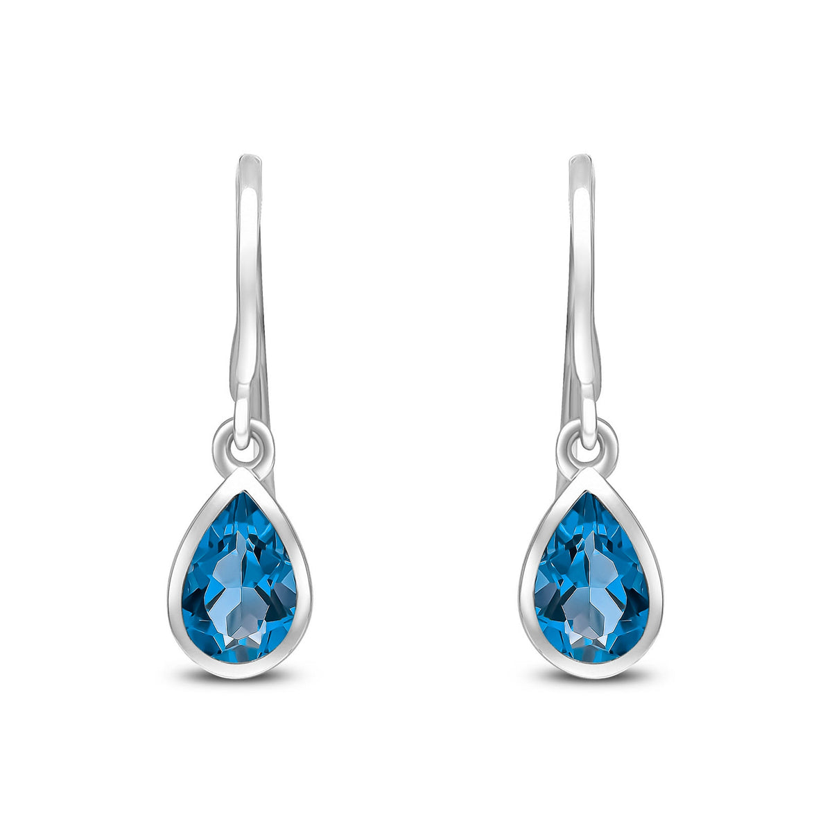 9ct White Gold Pear Shaped Natural London Blue Topaz Rubover Wire Hook Drop Earrings — 6x4mm