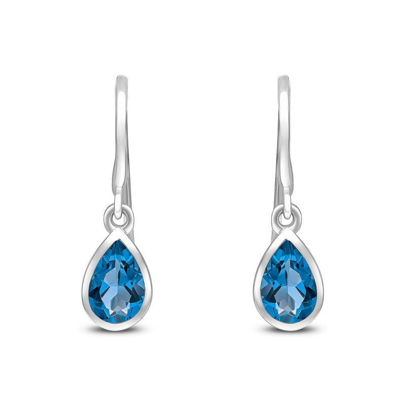 9ct White Gold Pear Shaped Natural London Blue Topaz Rubover Wire Hook Drop Earrings — 6x4mm
